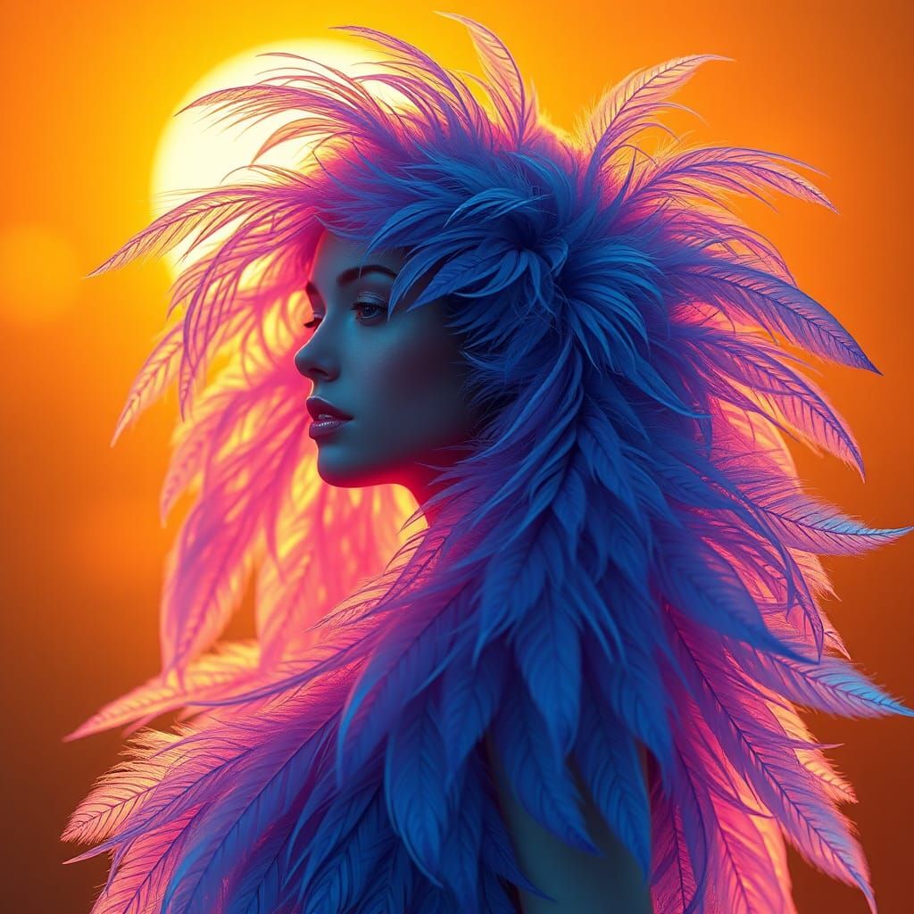 Iridescent Feather Woman: Art Nouveau Digital Art