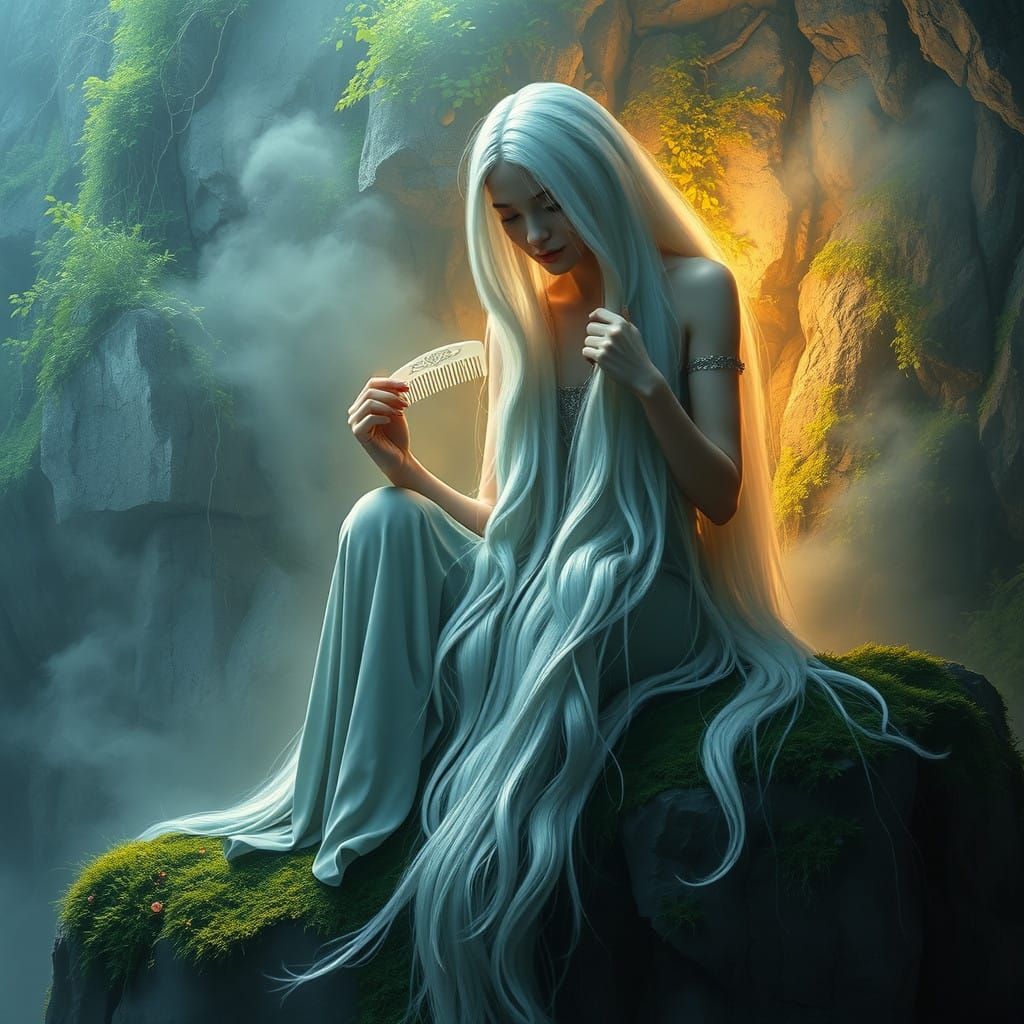 Mystical Mermaid Combines Her Long White Hair Under Ethereal...