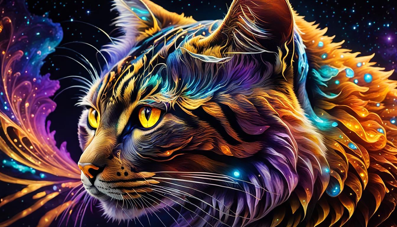 Neon Amber Feline with Kirlian Aura in Futurism Style