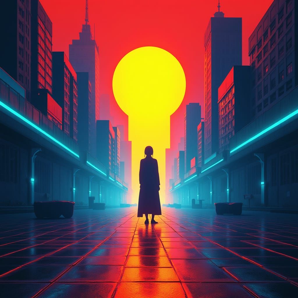 Neon Ghost in Bauhaus Cityscape: Digital Pop Art