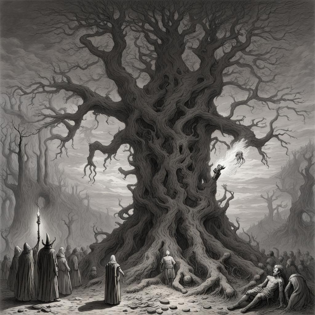 Burning Corpse Tree Watched by Elf: Horror Art