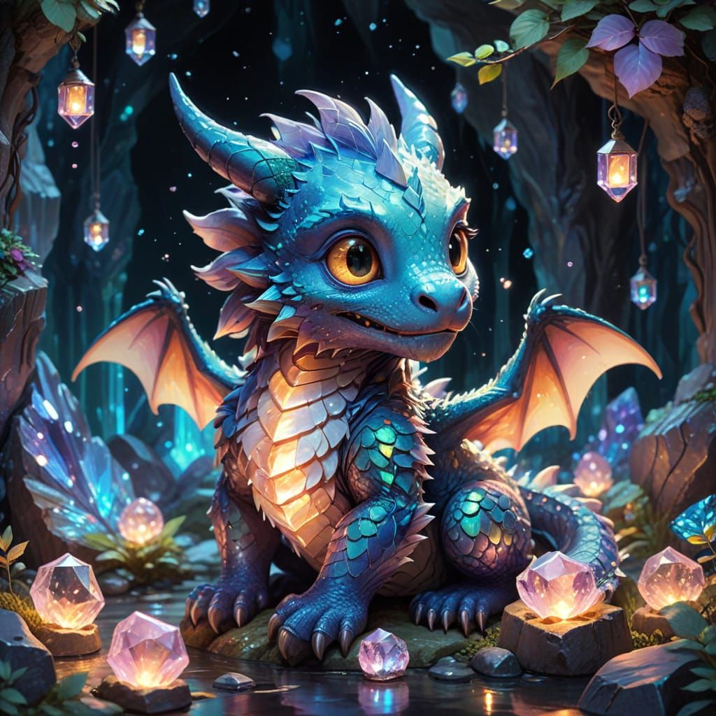 Chibi Dragon on Iridescent Crystals in Ghibli Style