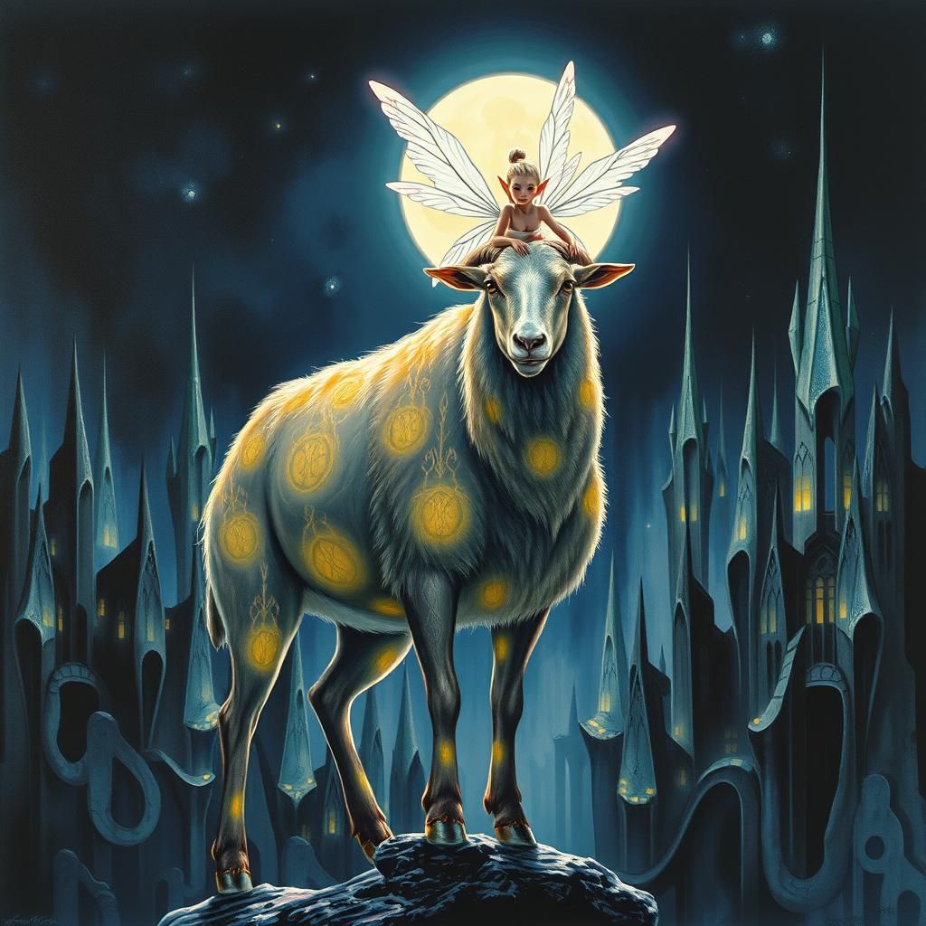 Ram and Fairy Elf in Dystopian Cityscape