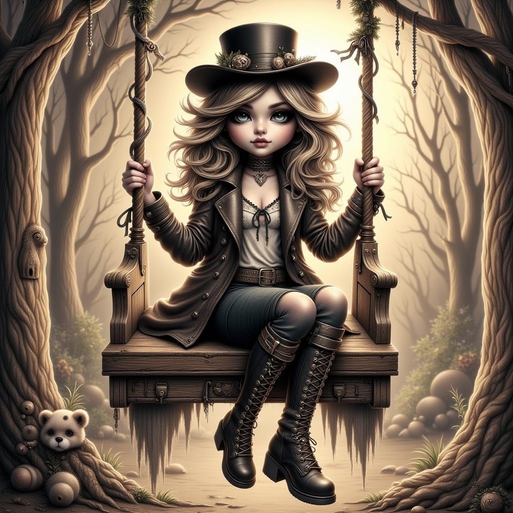 Whimsical Woman on Swing in Comic Art Style