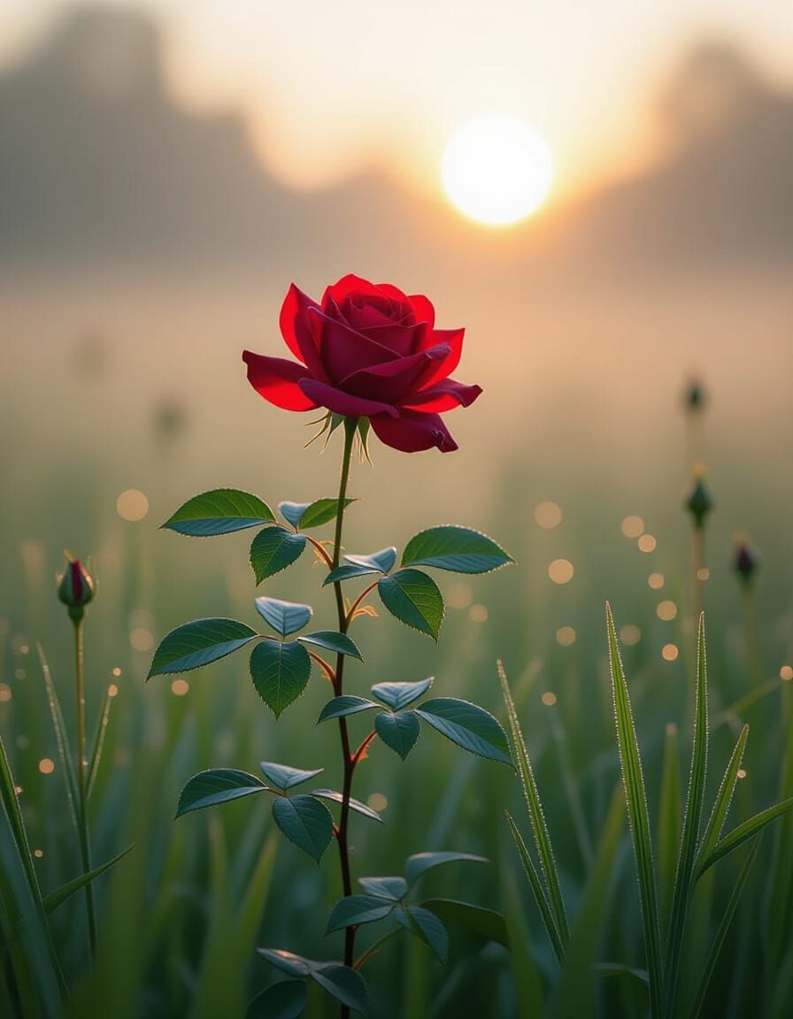 Crimson Rose in Misty Meadow at Dawn