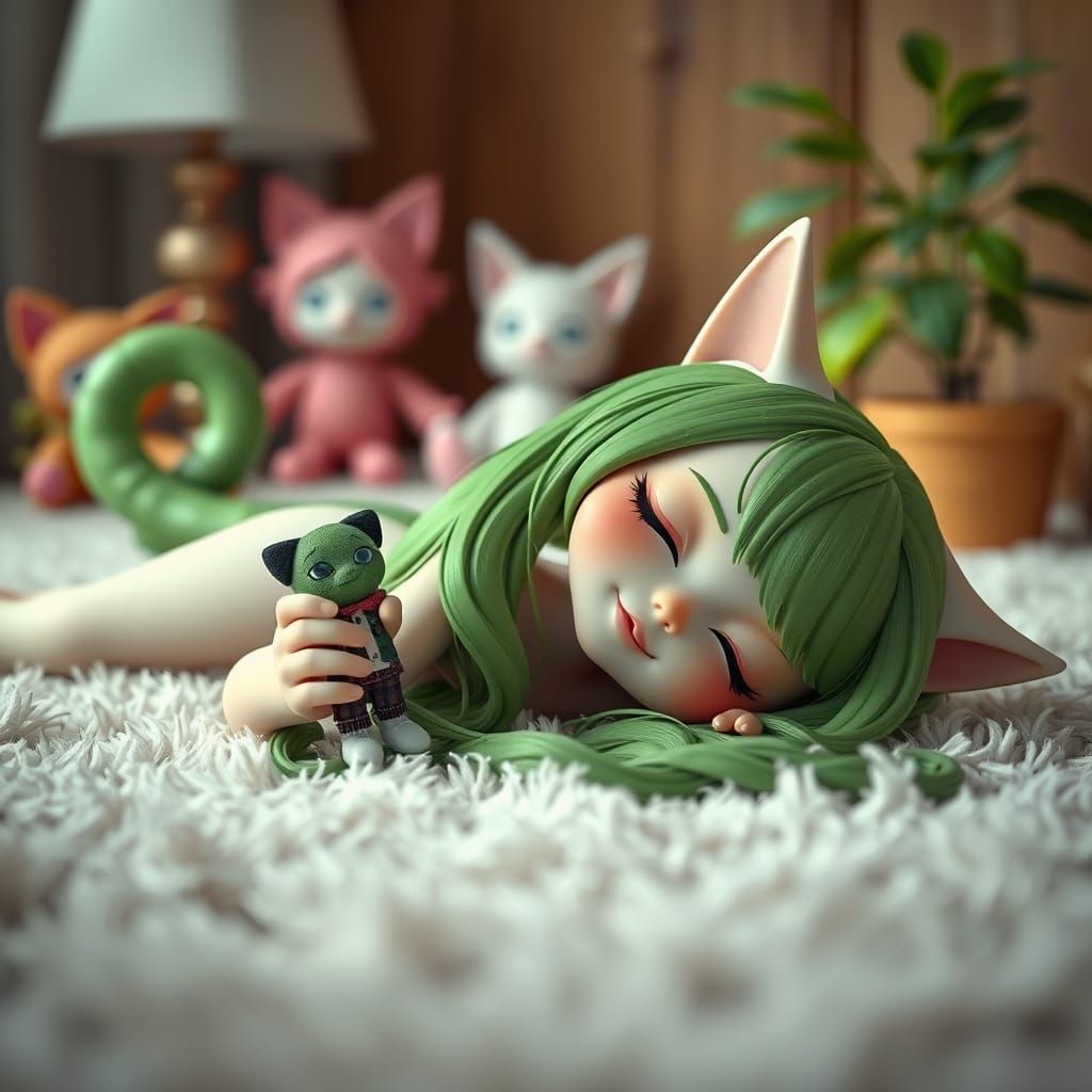 Ethereal Cat Goddess Slumbers Amidst Whimsical Playthings