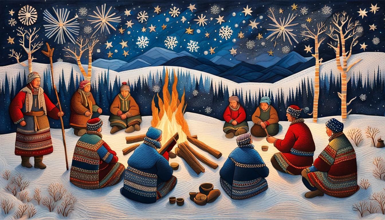 Sami Campfire Scene in Embroidered Fabric Collage