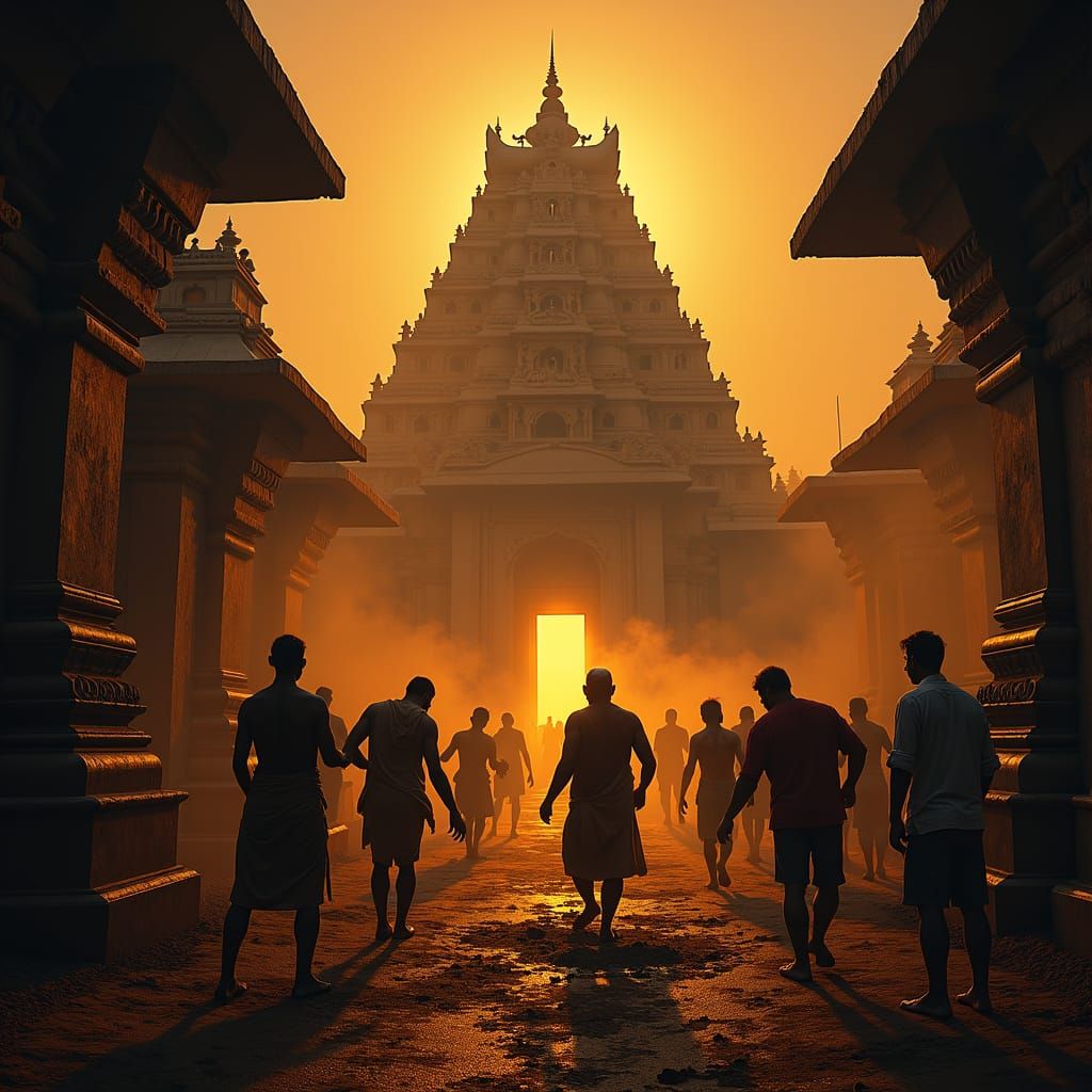 Villagers Bury Temple Under Torchlight, Dramatic Scene