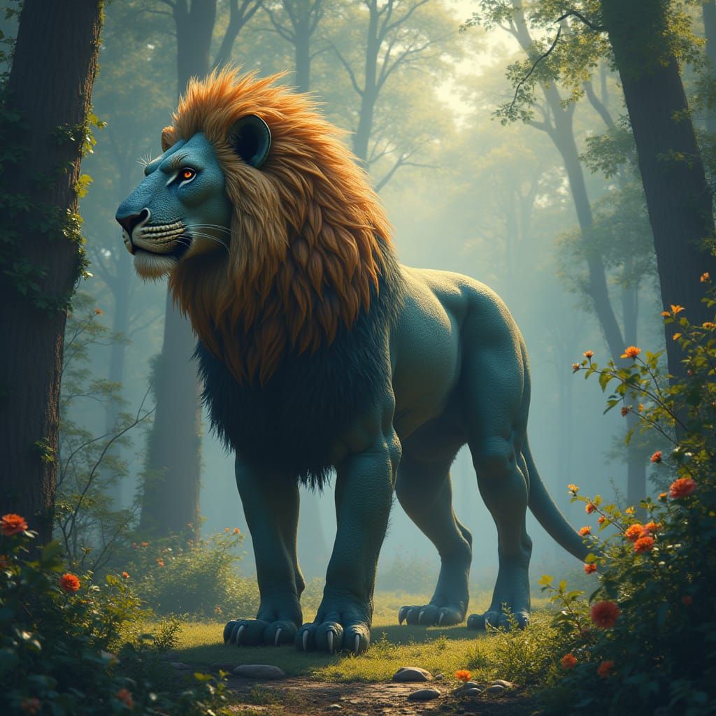 Regal Oviraptor-Lion Hybrid in Ancient German Forest