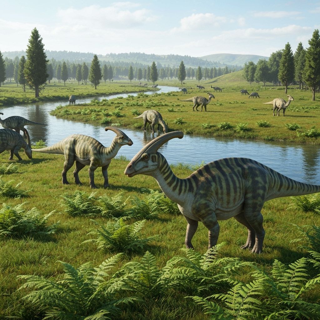 Parasaurolophus Herd Grazing in Hyperrealistic Landscape
