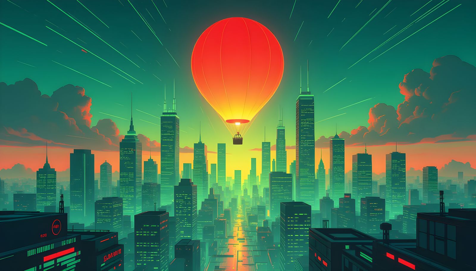 Neon Green Mega City Under Red Balloon
