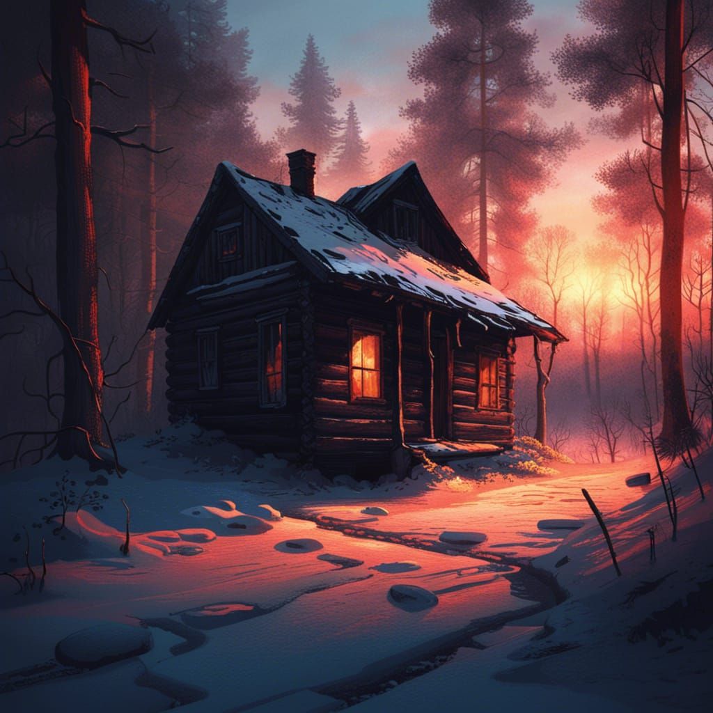 Winter Cabin Sunset: A Matte Painting in the Woods