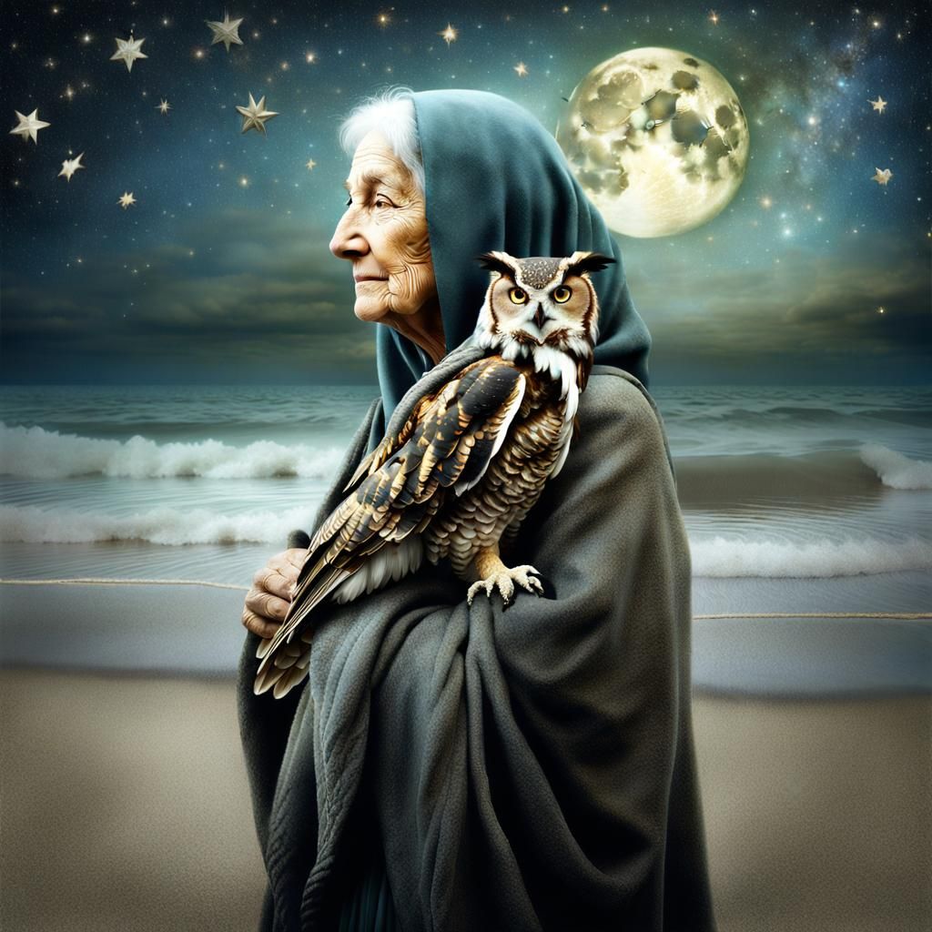 Enchanting Beach Scene with Woman, Owl, and Stars