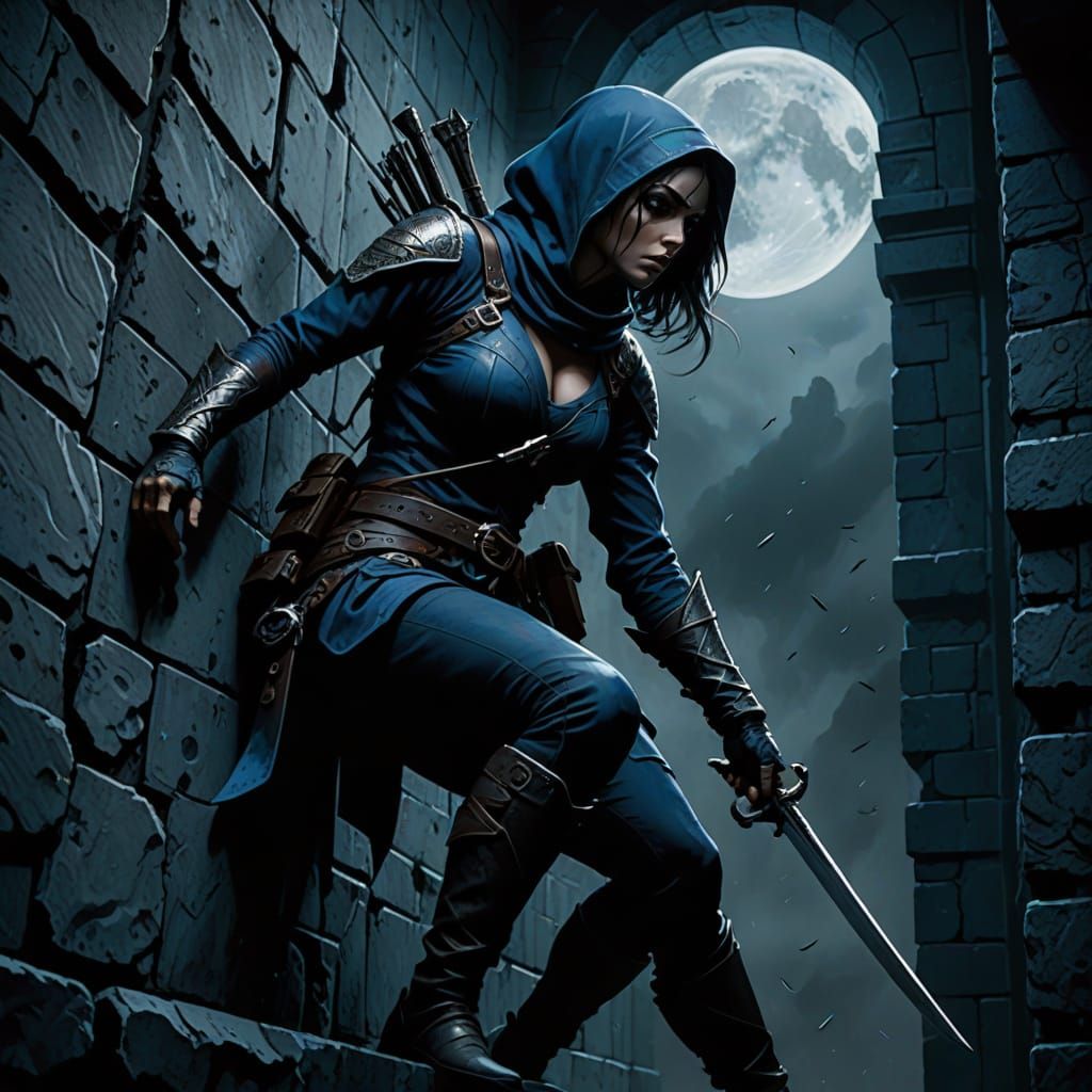 Seductive Assassin Ascends Moonlit Wall in Dark Fantasy Illu...