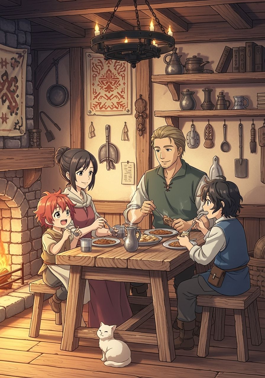 Happy Peasant Family in Cozy Cottage, Anime-Inspired