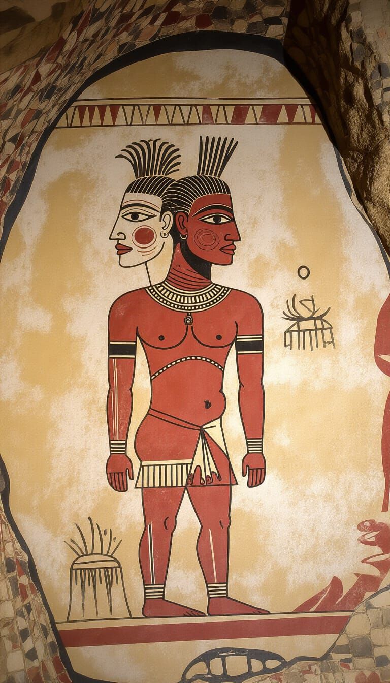 Ancient Cave Painting of Two-Faced Figure with Four Arms