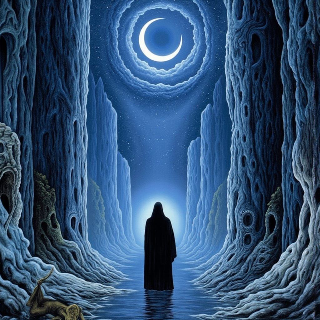 Esoteric Surrealist Figure in Ancient Pillared Realm