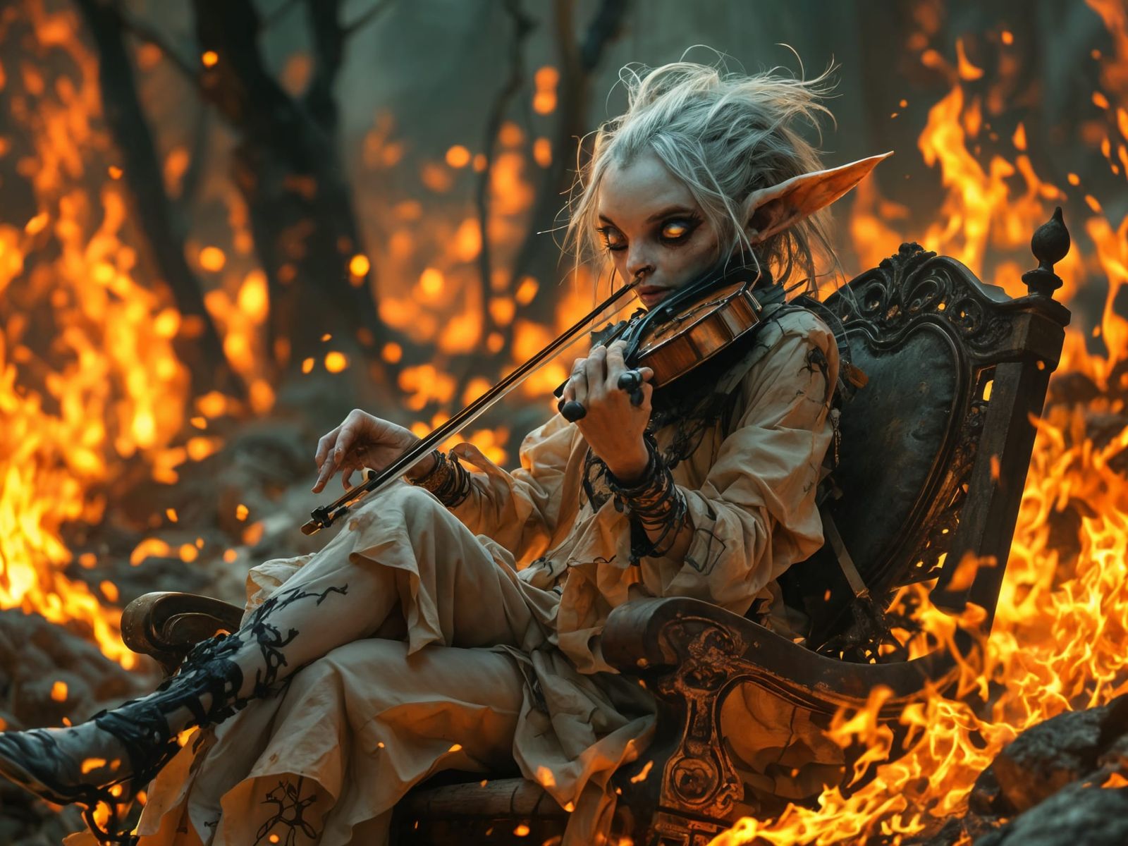 Charismatic Alien Elf Plays Violin Amidst Blazing Inferno