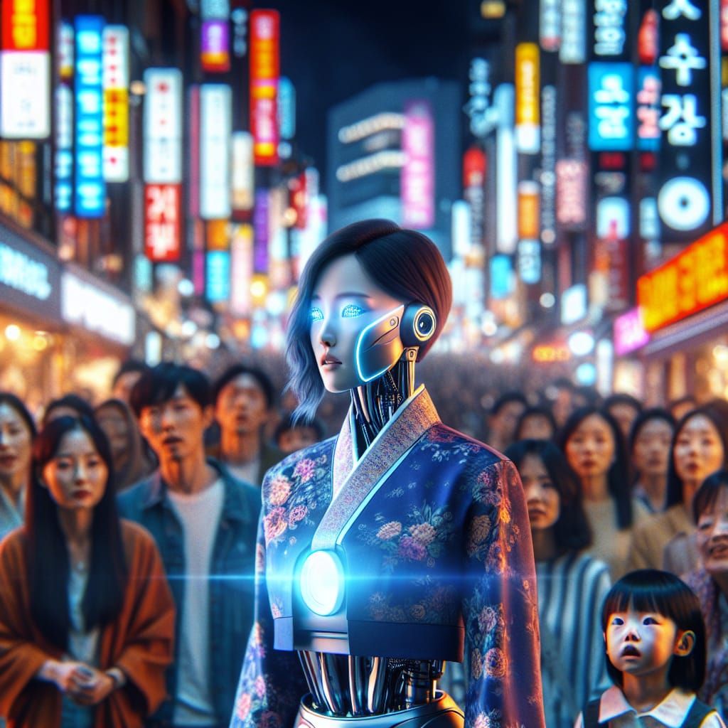 Korean Woman's Defiant Stare-Down with Robot in Cyberpunk Se...