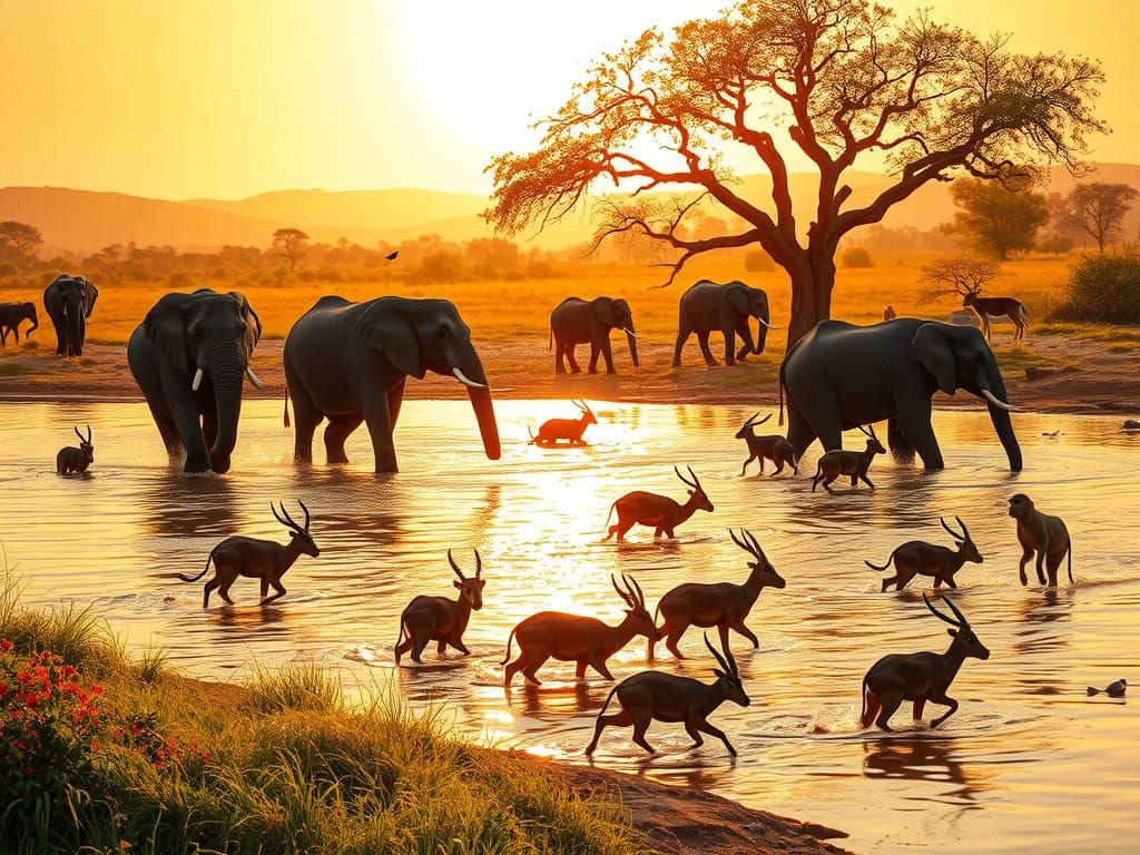 Elephants and Friends Unite in a Serene Watering Hole Scene