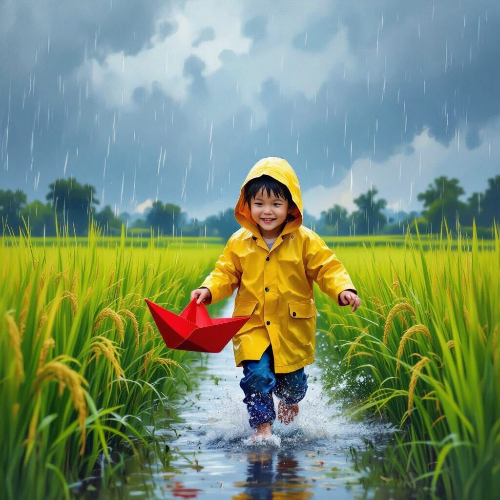 Child with Paper Boat in Monsoon Rice Field