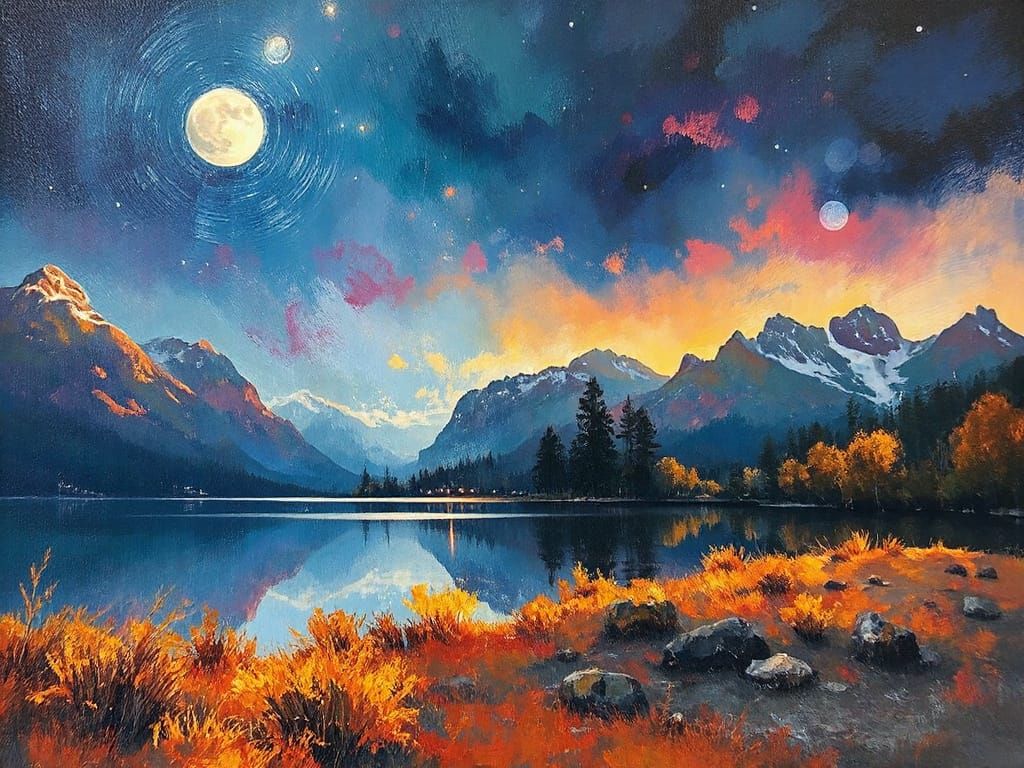 Vibrant Autumn Night Landscape in Expressive Dry Brush Style