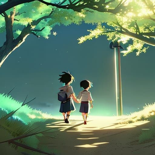 Toddlers Walking to School in Anime Style