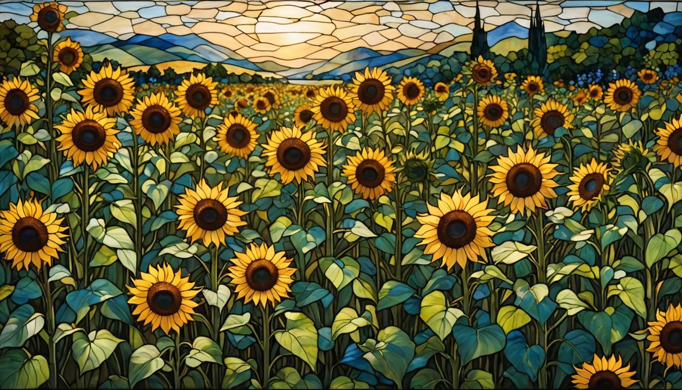 Luminous Sunflower Field in Stained Glass Style