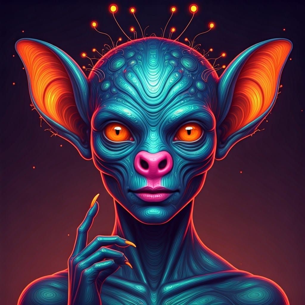 Ethereal Humanoid Creature in Neon-Lit Cyberpunk Style