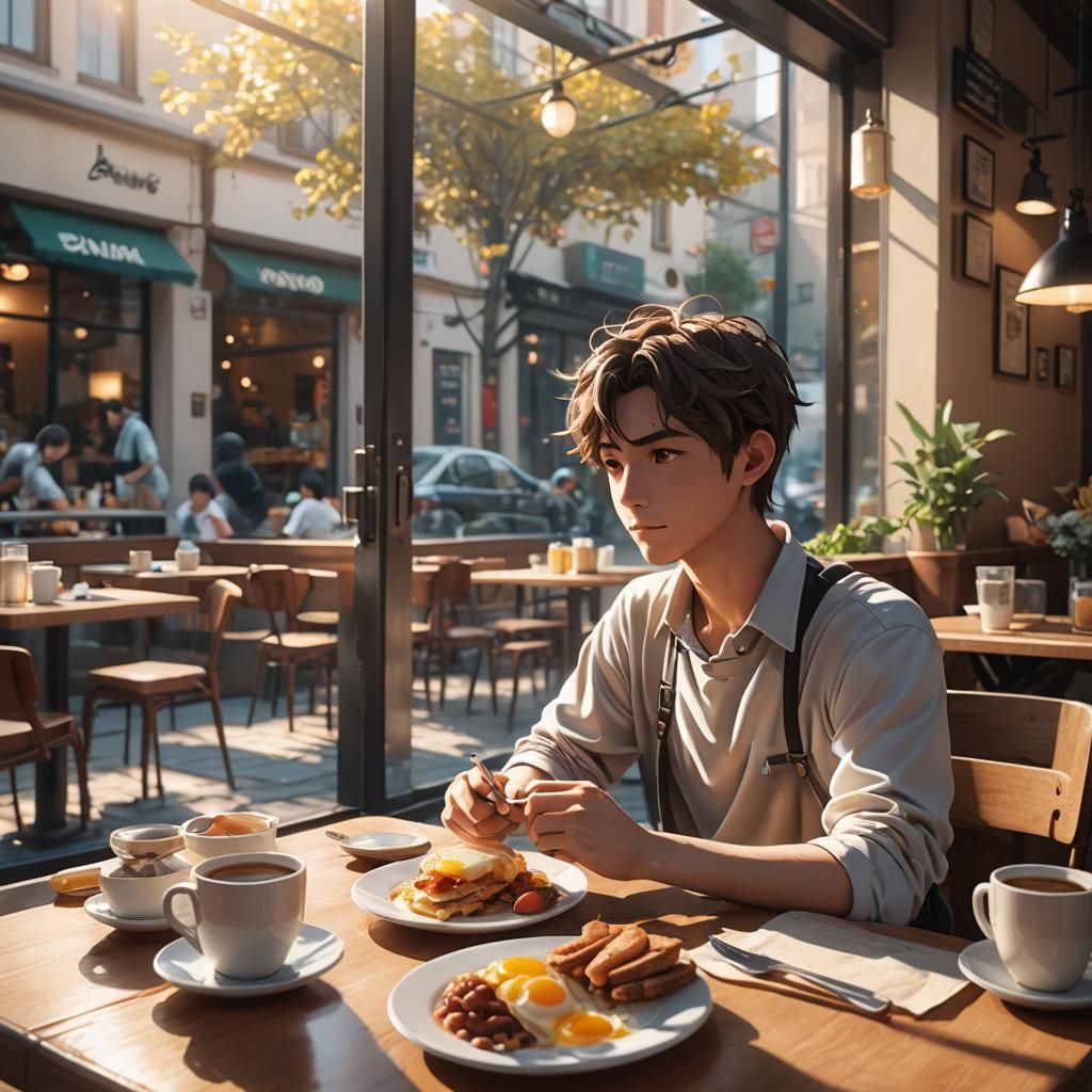 Anime Cafe Scene with Breakfast in 3D