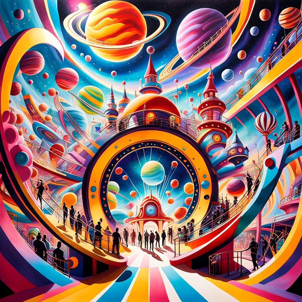 Whimsical Space Carnival with Cosmic Roller Coasters