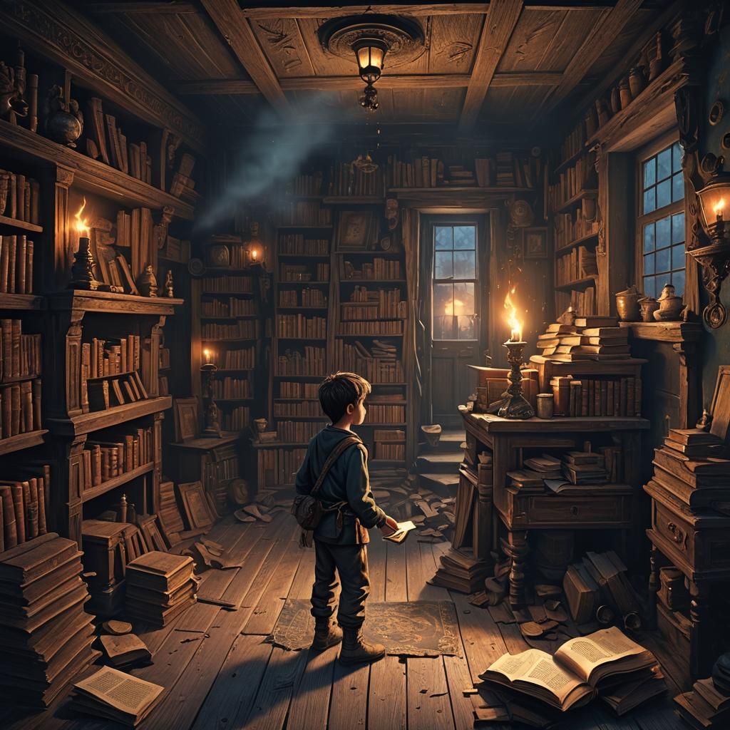 Boy With Ancient Book in Candlelit Room