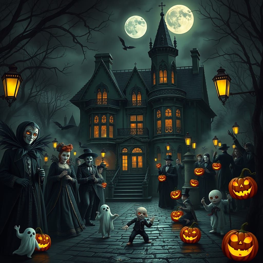 Mysterious Masquerade in Victorian-Era Mansion on a Dark Hal...