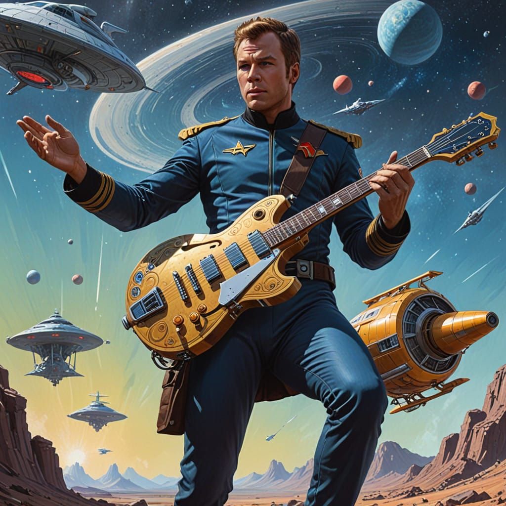 Starfleet Captain Plays Cosmic Guitar in Celestial Landscape
