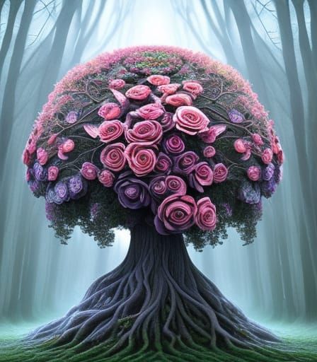 Oak Tree with Solarpunk Roses: Digital Art