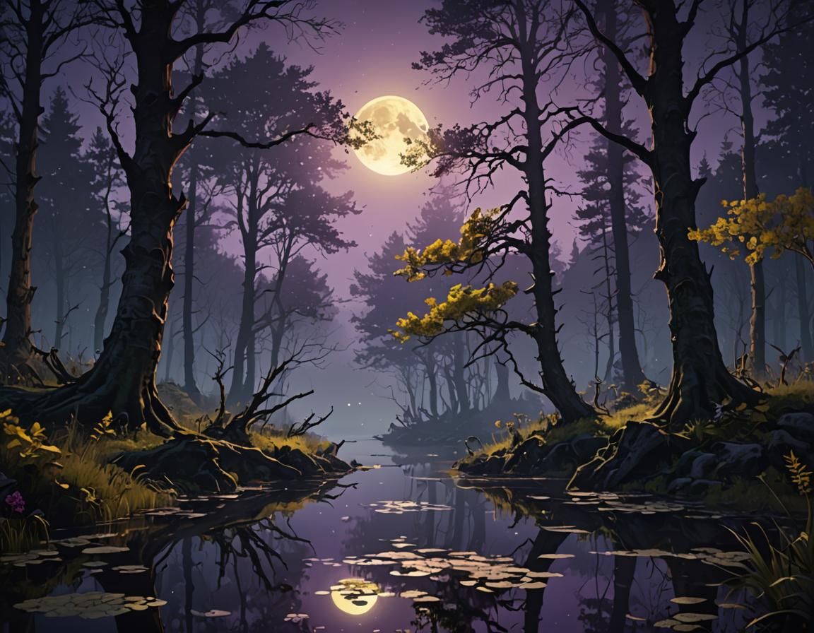 Moonlit Dark Forest and Pond: Fantasy Concept Art
