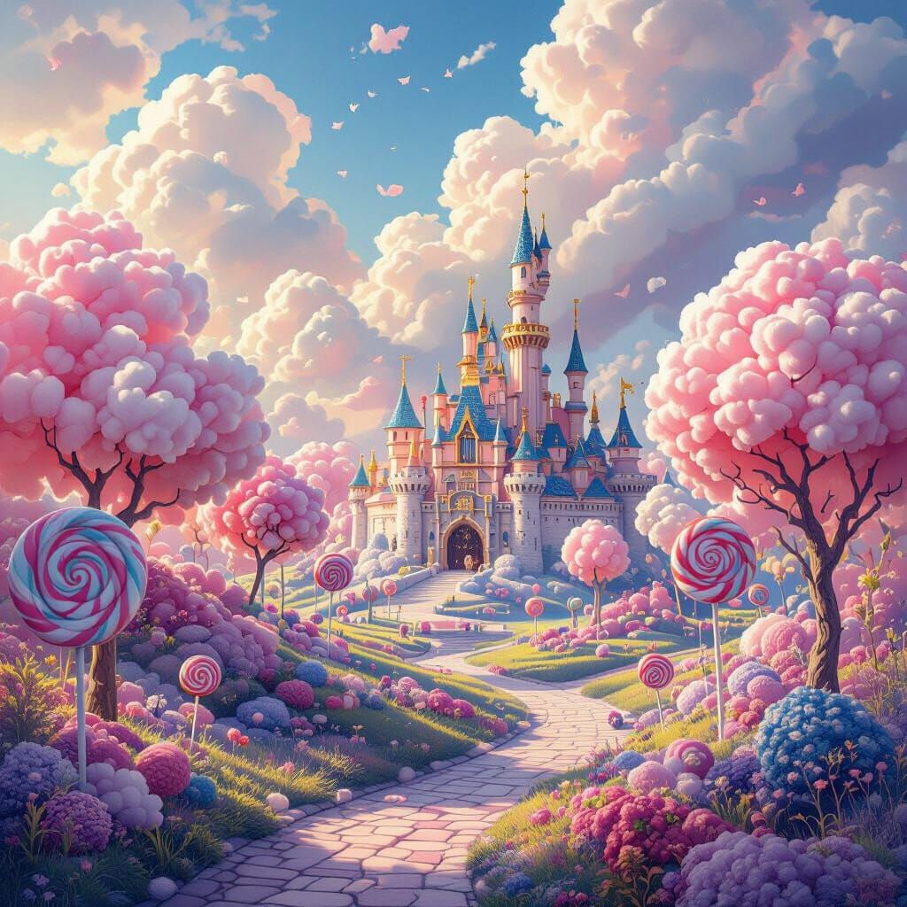 Zuckerland in Fantastical Realm with Cotton Candy Clouds