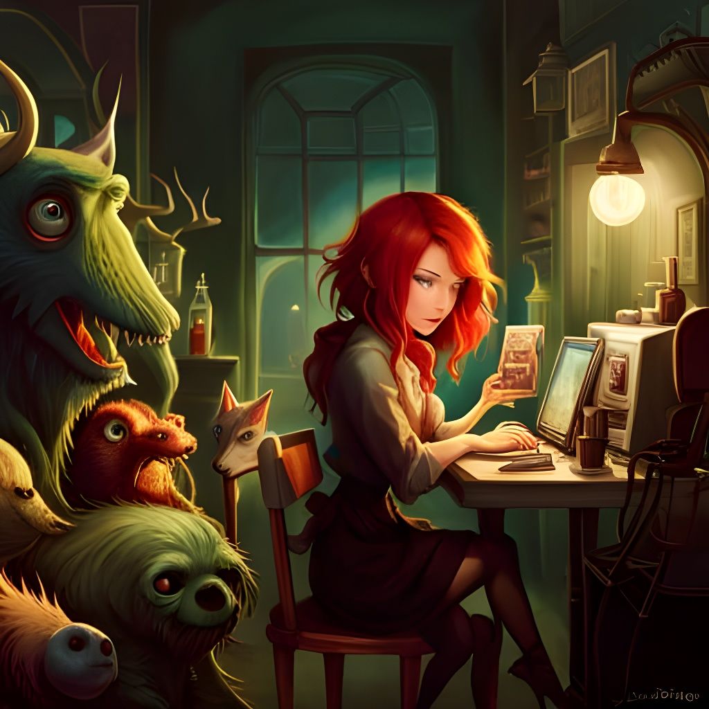 Fantasycore: Redhead at Night Cafe with Monsters