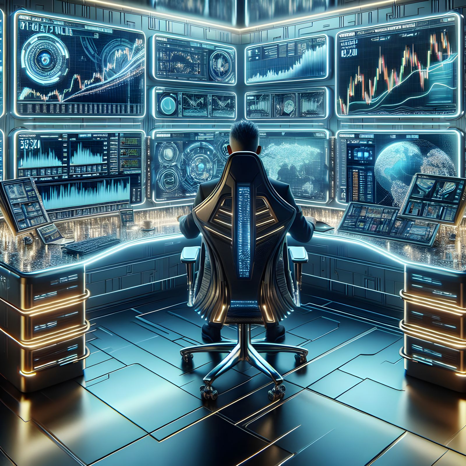 Futuristic Trader's Workspace with Holographic Technology