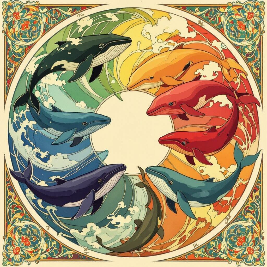 Art Nouveau Color Wheel of Whales