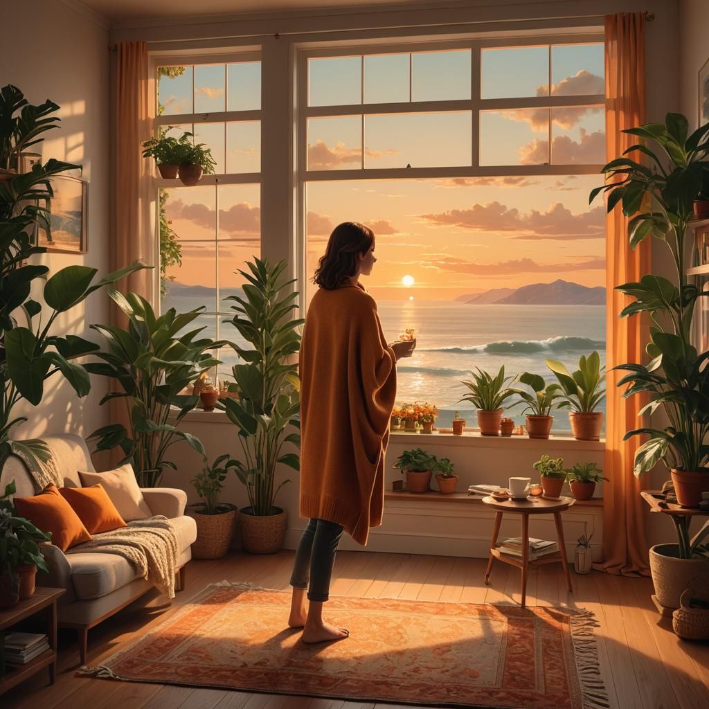 Cozy Living Room Scene with Calm Seascape at Sunset