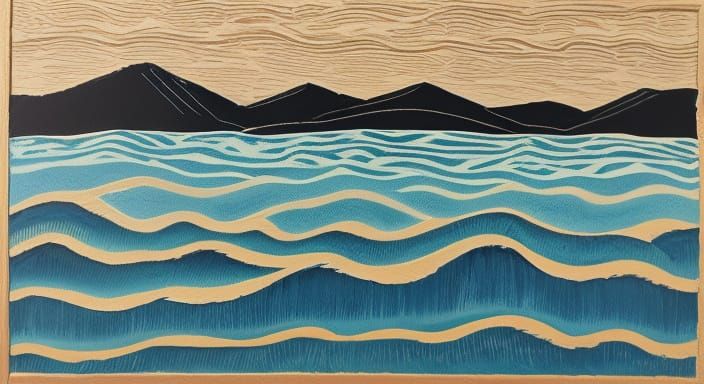 Textured Woodcut Landscape With Wavy Lines
