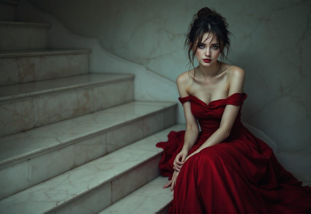 Woman in Red Gown on Marble Steps