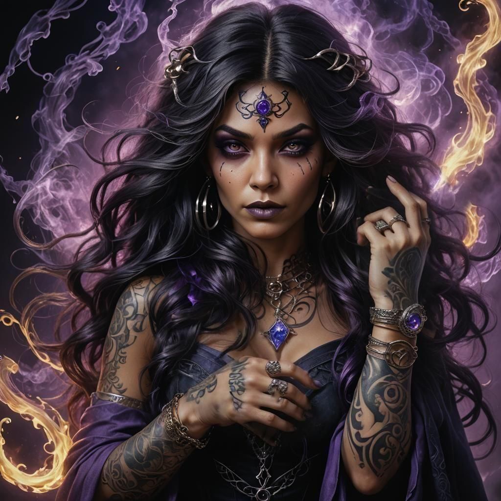 Dark Elemental Witch Portrait with Violet Magic