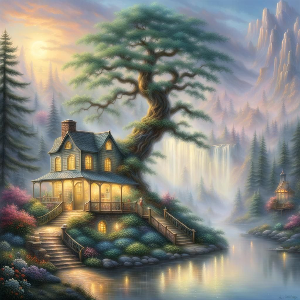 Ethereal Tree of Life by Lake with Waterfall