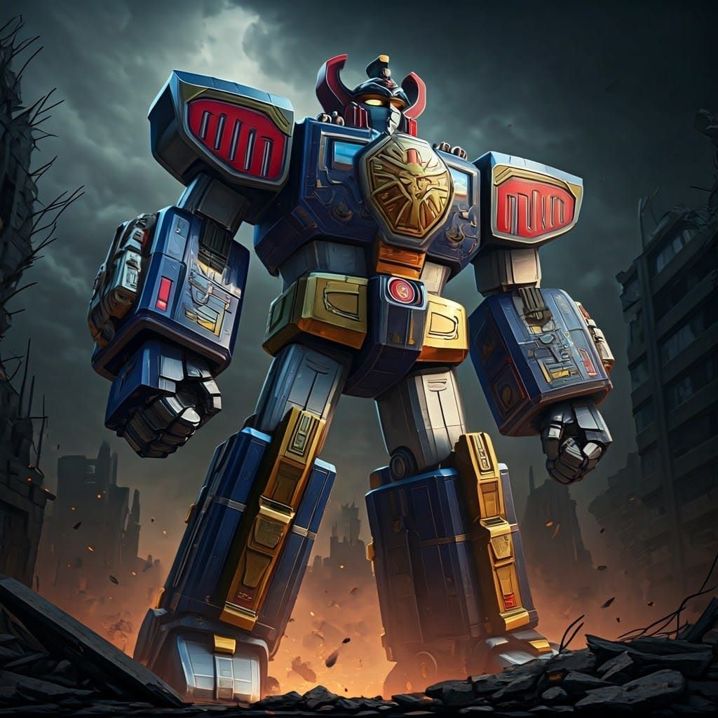 Megazord's Epic Battle in a Ravaged Cityscape