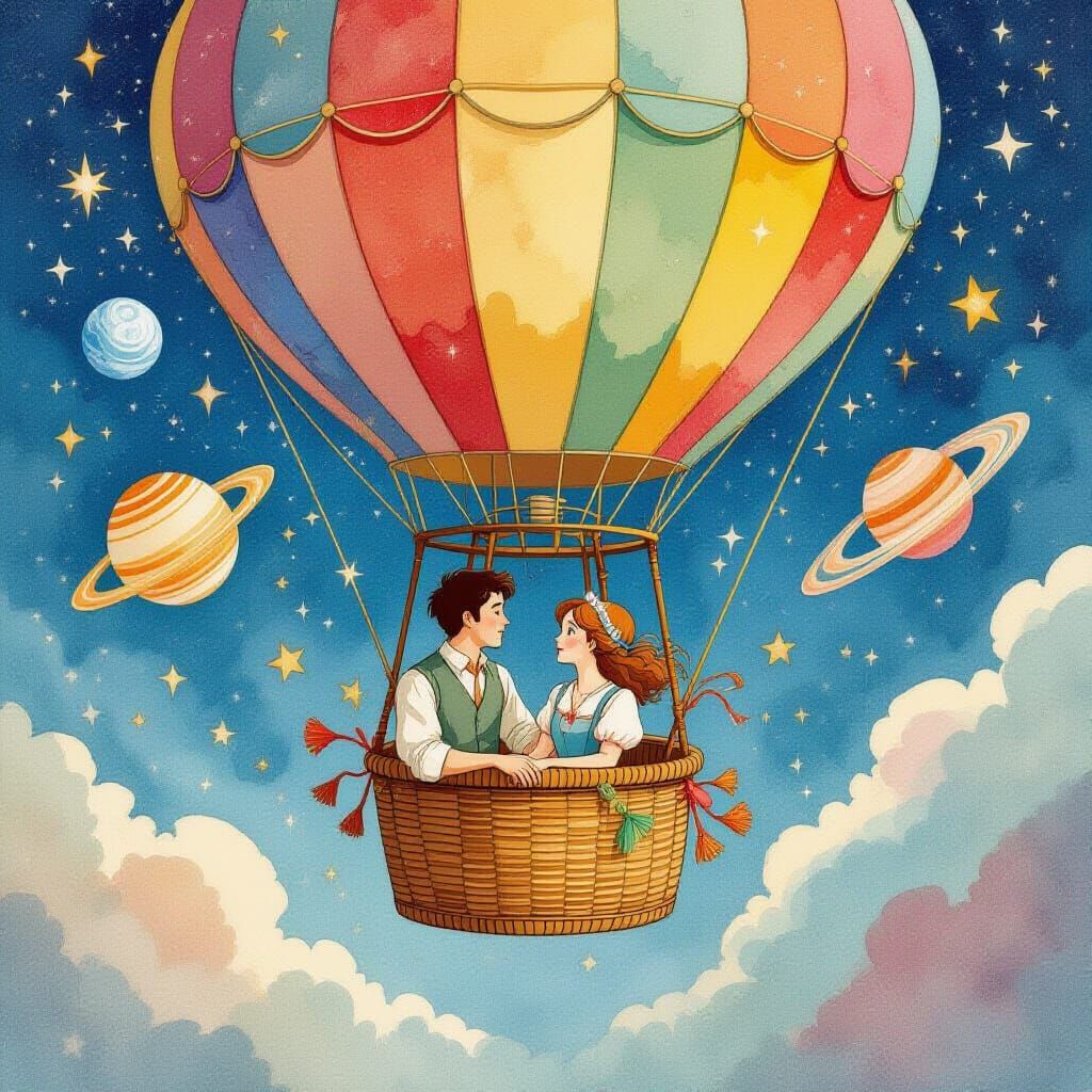 Air Balloon Journey Through Cosmos in Watercolor Style