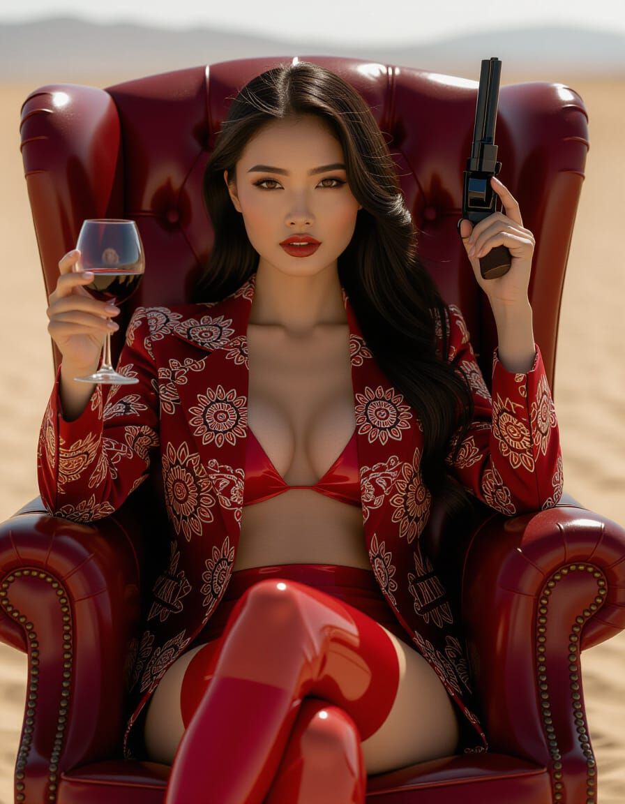 Indonesian Woman in Desert with Wine and Revolver
