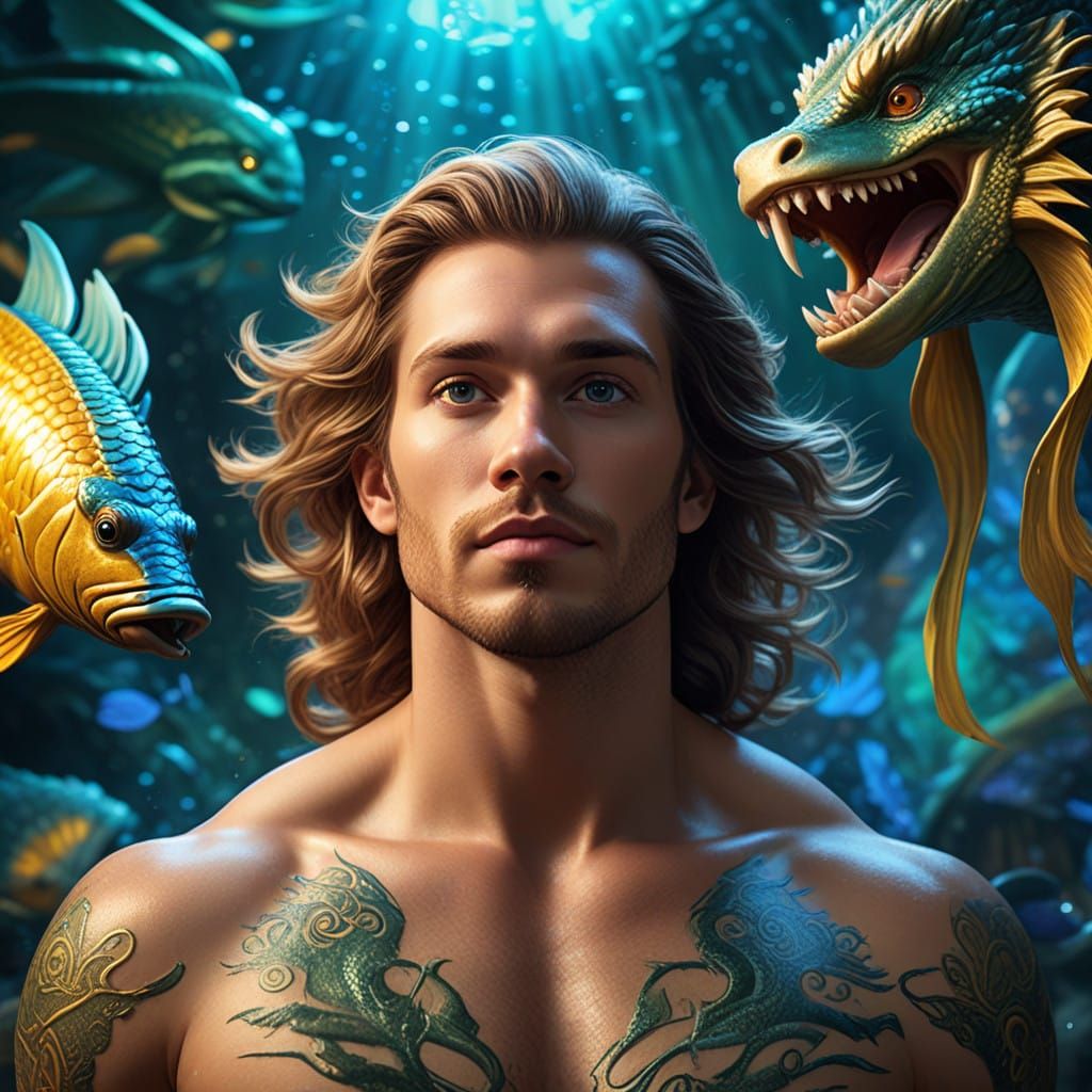 Majestic Merman in Dreamlike Cinematic Scene with Waterdrago...