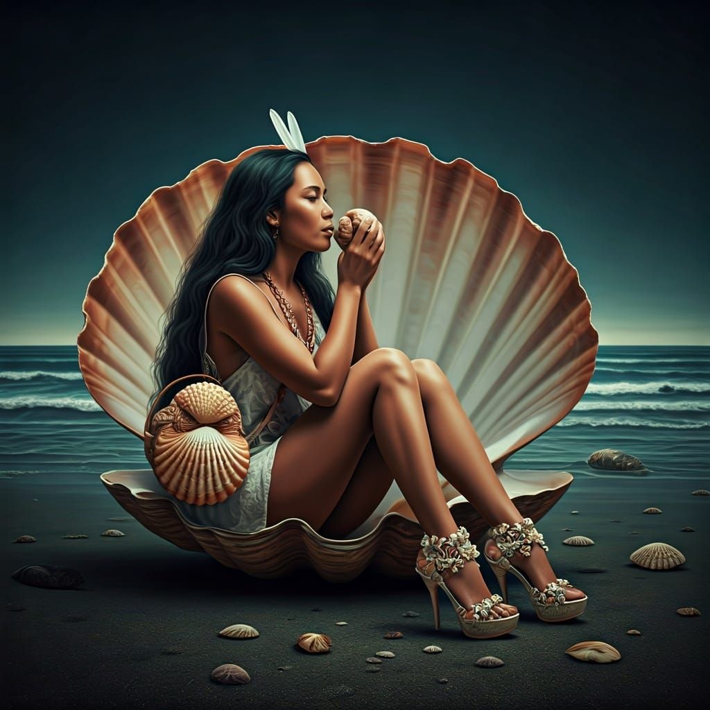 Shell high heels and backpack